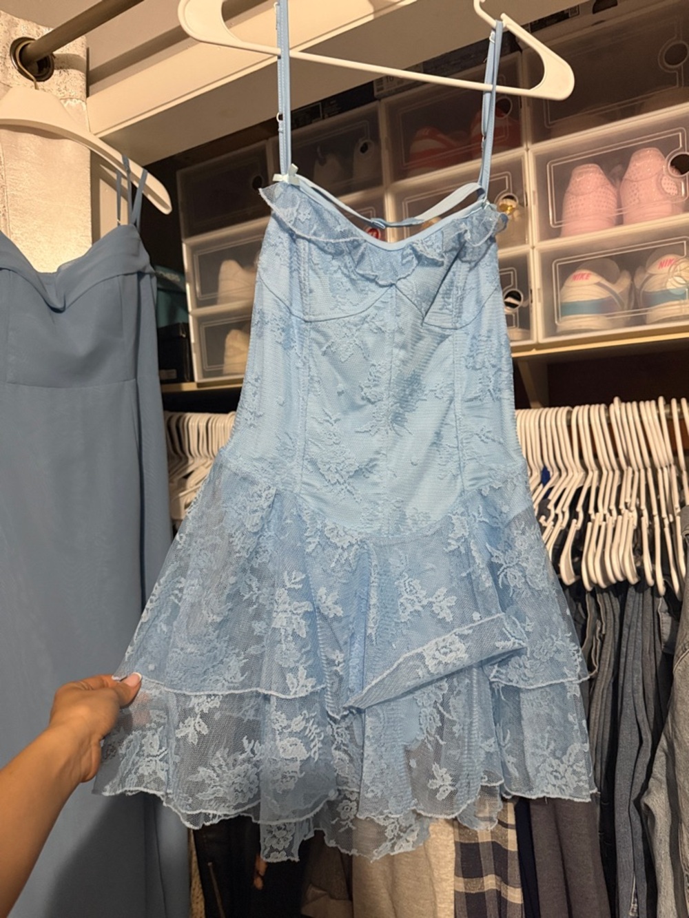 Light Blue Lace Ruffle Slip Dress
